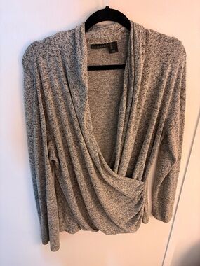 Tahari Heather Gray Draped Wrap V-Neck Sweater